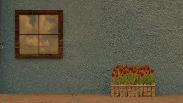 The 3d rendering of window with reflection and beauticul tulip beside the wall
