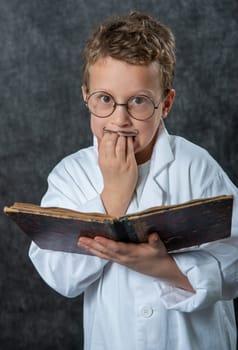 cheerful boy retro with a white blouse reading a book
