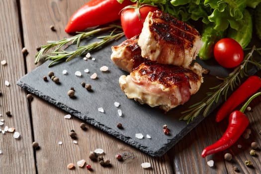Bacon-wrapped grilled chicken (turkey)  fillet with fresh vegetables and spices on stone cutting board on wooden background