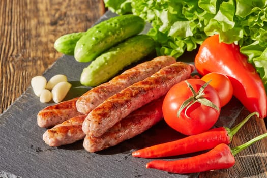 Grilled pork sausages  with fresh vegetables  on stone cutting board on wooden background.