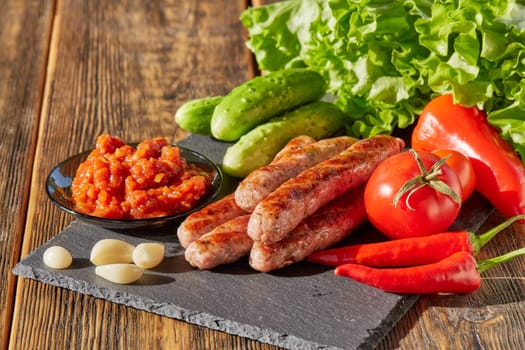 Grilled pork sausages  with fresh vegetables  on stone cutting board on wooden background.