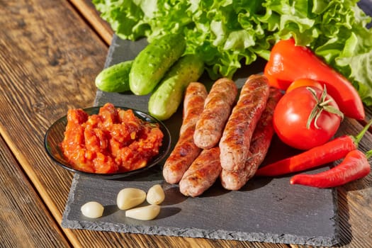 Grilled pork sausages  with fresh vegetables  on stone cutting board on wooden background.