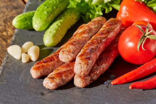 Grilled pork sausages  with fresh vegetables  on stone cutting board on wooden background.
