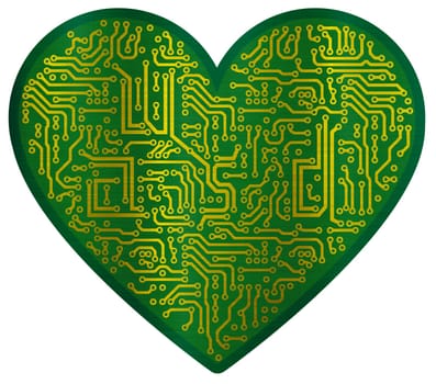 tech circuity electronic heart shape connection board metallic golden illustration