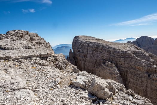 View of the mountain peaks Brenta Dolomites. Trentino, Italy