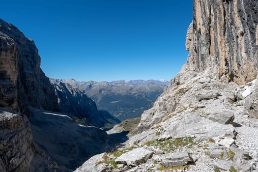 Panoramic view of famous Dolomites mountain peaks, Brenta. Trentino, Italy