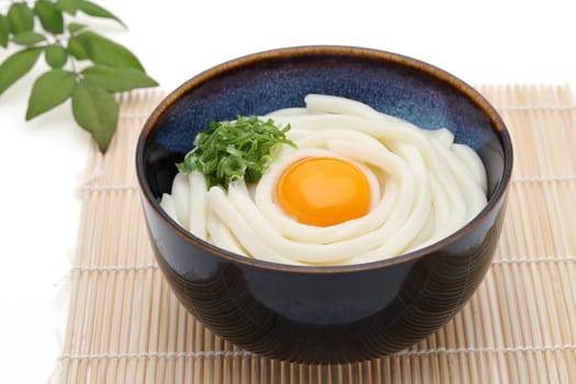 Japanese udon noodles in a ceramic bowl with chopsticks