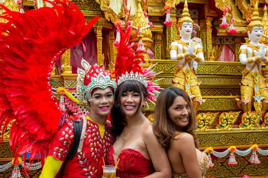 13 May 2017, Yasothon, Thailand: A trio of ladyboys at the annual Rocket Festival in Yasothon, Northeast Thailand.
