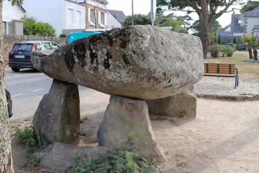 Carnac, France, August 1, 2019: Dolmen the Carnac-Plage in the center of city, Carnac, Brittany, France