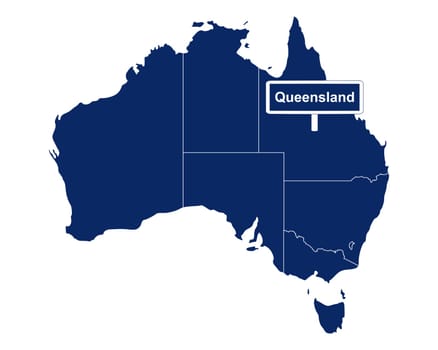 Queensland mit Australienkarte und Straßenschild