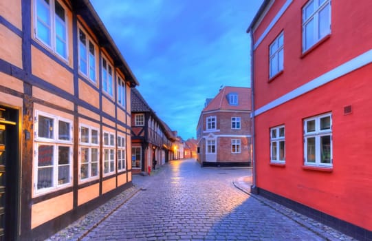 Street in famous medieval city of Ribe, Denmark - HDR