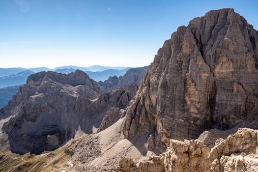 View of the mountain peaks Brenta Dolomites. Trentino, Italy