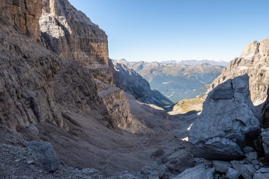 Panoramic view of famous Dolomites mountain peaks, Brenta. Trentino, Italy