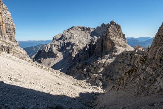 Mountain peaks in the Dolomites Alps. Beautiful nature of Italy. Chalet Pedrotti.