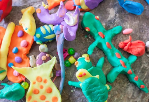 Little sea animals made with playdough. Manual arts workshop for children