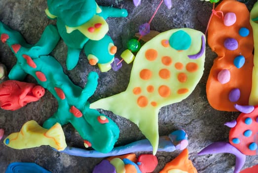 Little sea animals made with playdough. Manual arts workshop for children