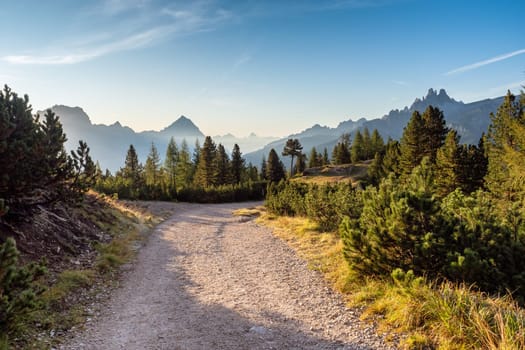 Wide trail in the Dolomites. Hiking trip, Walking path in dolomites landscape. The Tofane Group in the Dolomites, Italy, Europe.