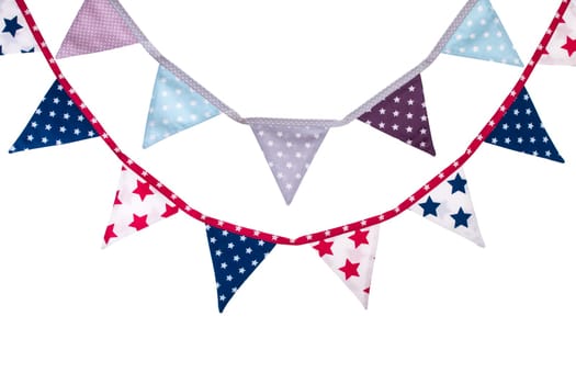 Party triangle bunting flags hanging on the rope. Isolated on white  background.