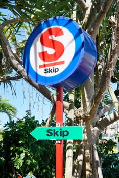 American shop sign where is inscribed Skip in the shop mall of the American village of Chatan City in Okinawa island where Distortion Seaside, Oak Fashion and Depot Island Seaside are located
