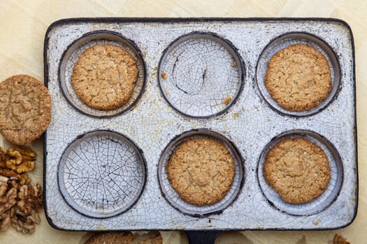 Cookies in a frying pan. Rustic style.