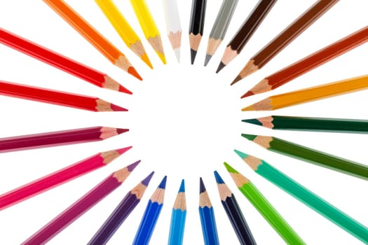 Colored pencils stacked in a circle isolated on white background