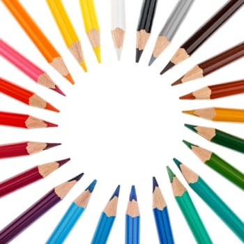 Colored pencils stacked in a circle isolated on white background