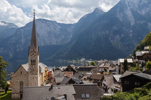 View of the Hallstatt from lake Hallstater See, Hallstatt village in Alps, Austria