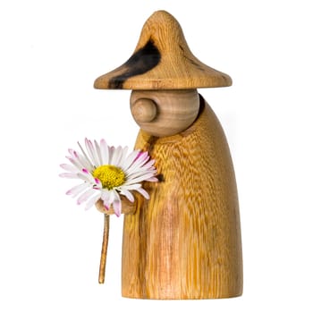Turned wood gnome with a daisy in hand isolated on white