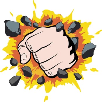 punch hand violence flames demolishing hole strong damaged illustration