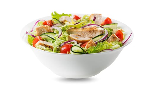 Healthy green salad with chicken breast and fresh vegetables isolated on white background