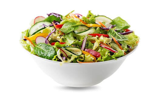 Green lettuce salad with fresh vegetables isolated on white background