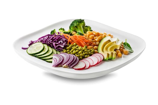 Healthy vegan lunch plate isolated on white. Avocado, chickpeas, broccoli, red cabbage, green peas, red onion and radish vegetables salad. Healthy balanced vegetarian food concept Top view. Copy space