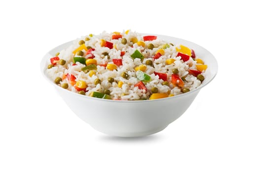 Fresh rice salad with mixed vegetables in a bowl isolated on white