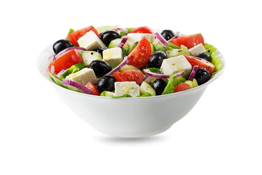 Salad with feta cheese and fresh vegetables isolated on white background. Greek salad.