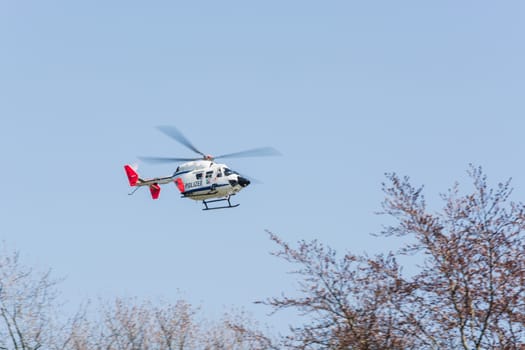 ESSEN, NRW, GERMANY - APRIL 11, 2016:.German police, rescue helicopter landing  to a police operation..