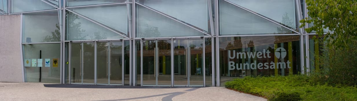 DESSAU - AUGUST 05, 2018: Environment, glass facade and entrance area of the Federal Environmental Agency in Dessau