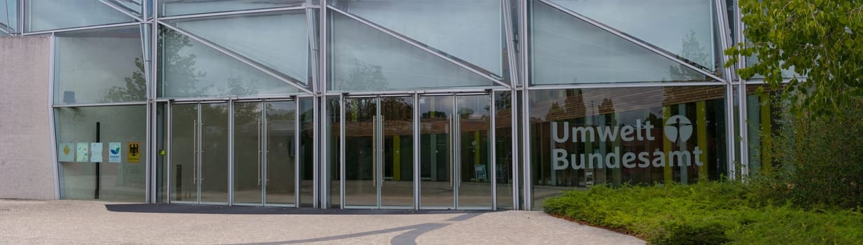 DESSAU - AUGUST 05, 2018: Environment, glass facade and entrance area of the Federal Environmental Agency in Dessau