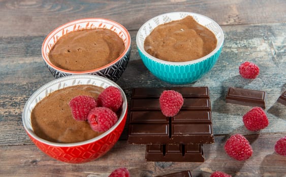 three bowls of delicious homemade chocolate mousse