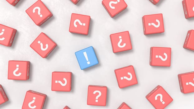 Many Question Mark on Red Cubes and One Exclamation Point on Blue Cube on a Light Gray Plastered Background 3D Illustration