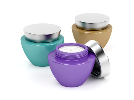 Three different cosmetic creams on white background