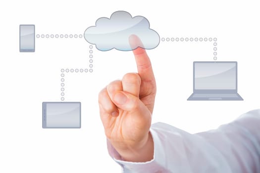 Cutout of a male index finger touching a cloud icon. The cloud symbol connects to a cell phone, tablet computer and laptop. Plenty of copy-space on the void screens. All isolated on white background.