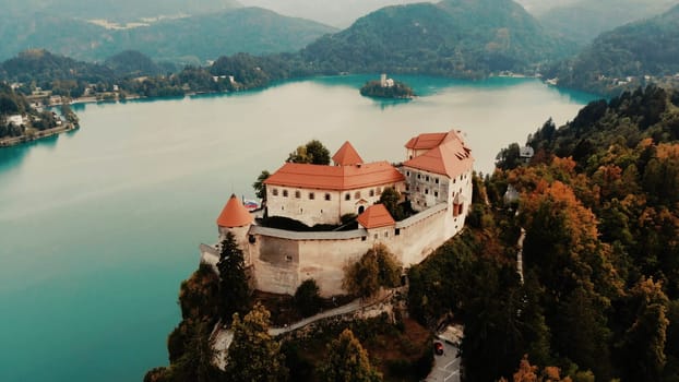 Aerial view of Lake Bled and the castle of Bled, Slovenia, Europe. Aerial drone photography.