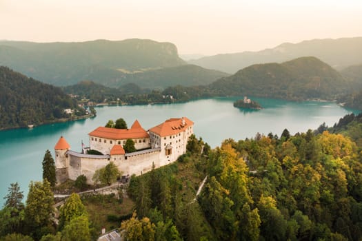 Aerial view of Bled Castle overlooking Lake Bled in Slovenia, Europe.