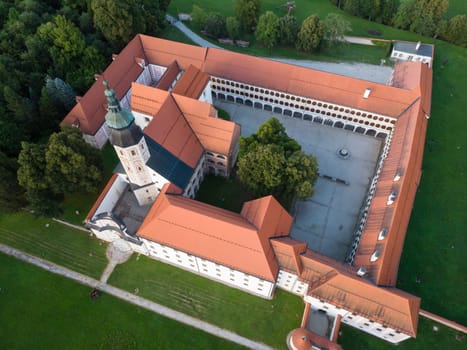 Aerial view of Cistercian monastery Kostanjevica na Krki, homely appointed as Castle Kostanjevica, Slovenia, Europe.