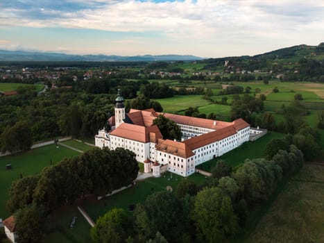 Aerial view of Cistercian monastery Kostanjevica na Krki, homely appointed as Castle Kostanjevica, Slovenia, Europe.