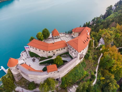 Aerial view of Lake Bled and the castle of Bled, Slovenia, Europe. Aerial drone photography.