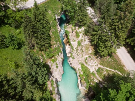 Aerial view over Soca river in Triglav National Park, Slovenia.