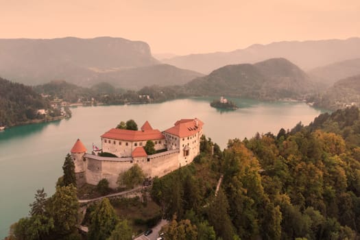 Aerial view of Lake Bled and the castle of Bled, Slovenia, Europe. Aerial drone photography.