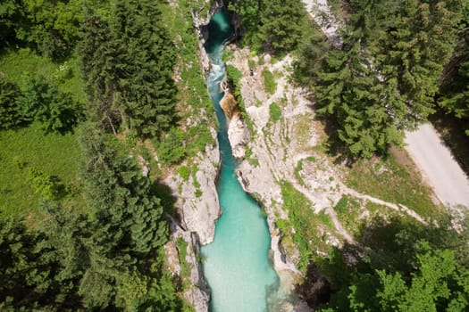 Aerial view over Soca river in Triglav National Park, Slovenia.
