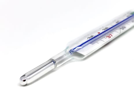 a mercury thermometer isolated on a white background. Medical measuring instrument. Virus and flu